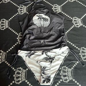 Two piece black and white swim suit, Two piece blue and white swim suit